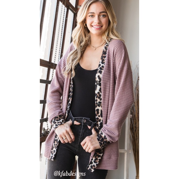 Tops - LAST 2! Animal Print Contrast Button Down Soft Waffle Knit Shacket w/Pockets!